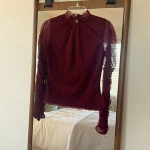 Express Burgundy Lace Rouched Long Sleeve Blouse